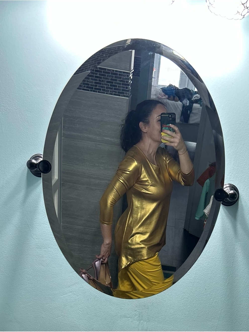 Metallic Gold Long-Sleeve Spain Brans Blouse - Sleek Shine